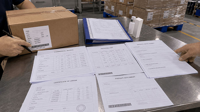 shipping document set on a dispatch table with commercial invoice and SDS, iPhone-angle snapshot