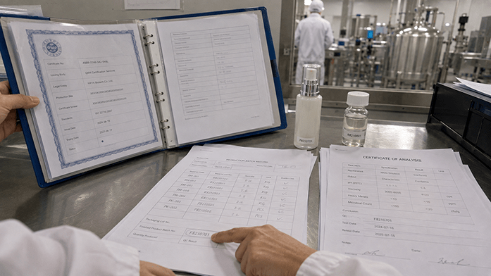 factory quality desk with batch records and a GMP certificate binder, iPhone-angle snapshot