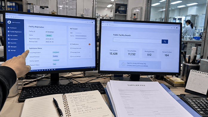 Illustration of a filing-portal login screen versus a public registry search, contrasting what a brand owner can and cannot access