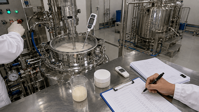 pilot batch in a jacketed mixing vessel with temperature probe, iPhone-angle snapshot
