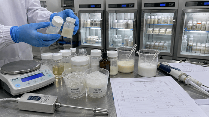 R&D lab with raw material samples and stability testing equipment formulation lab bench with raw material samples in labeled containers, stability test chambers visible in background