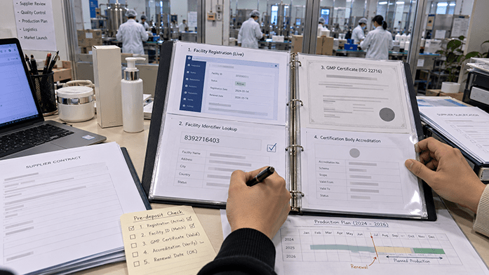 Checklist mockup of a supplier qualification file containing the Cosmetics Direct screen, FEI result, and ISO 22716 certificate with ANAB accreditation