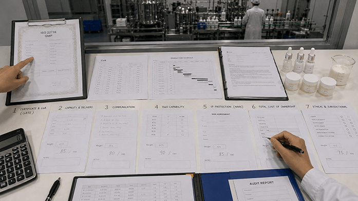 Seven-dimension supplier due diligence workflow, from certification veto check through capacity, communication, R&D, IP, cost allocation, and jurisdictional review