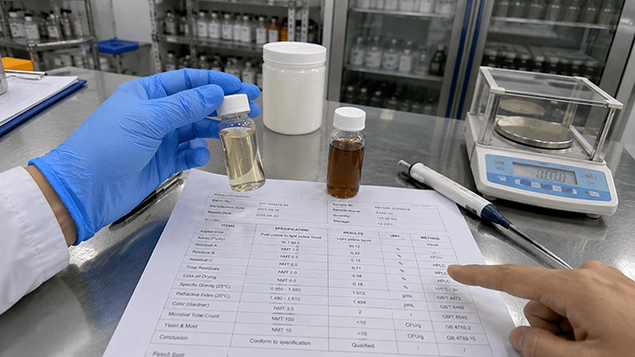 laboratory bench with a bakuchiol COA check and a pale-yellow reference sample beside a dark crude extract