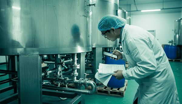 factory floor manager holding clipboard