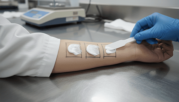 SPF Testing Laboratory scientist testing sunscreen on skin in lab