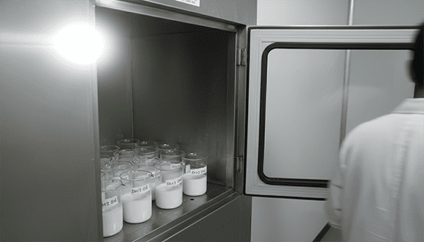Lab beakers undergoing stability testing in a controlled temperature chamber