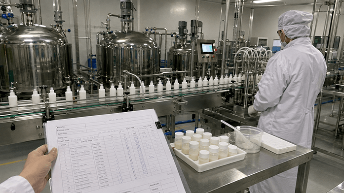 cosmetic production line with closed-system mixing tanks under GMP controls