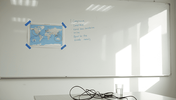 A world map with interconnected lines showing regulatory frameworks in different regions like the US, Canada, Australia, and EU
