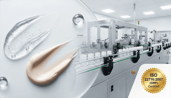 Modern laboratory and production line with skincare products