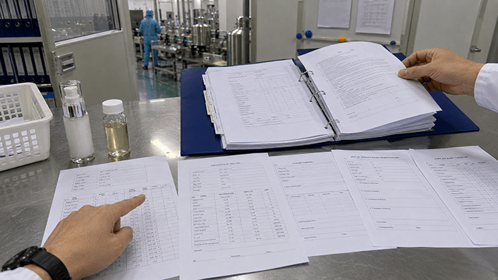 Quality Agreement and batch record documentation review Compliance audit table with batch record and Certificate of Analysis documents, auditor reviewing a GMP file