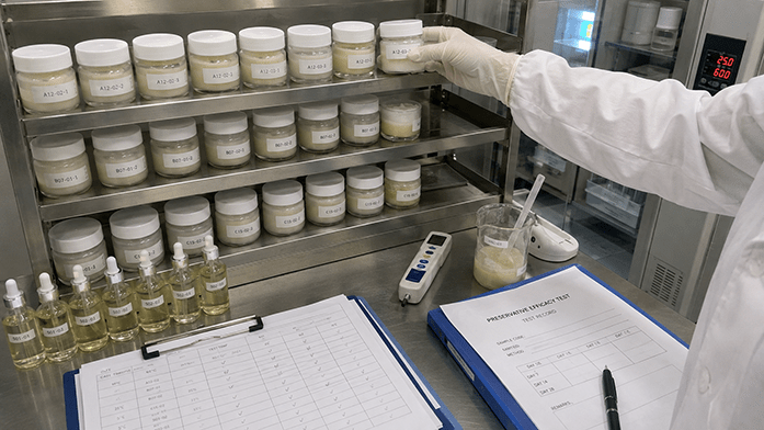 cosmetic stability test samples on a laboratory shelf with numbered batch jars