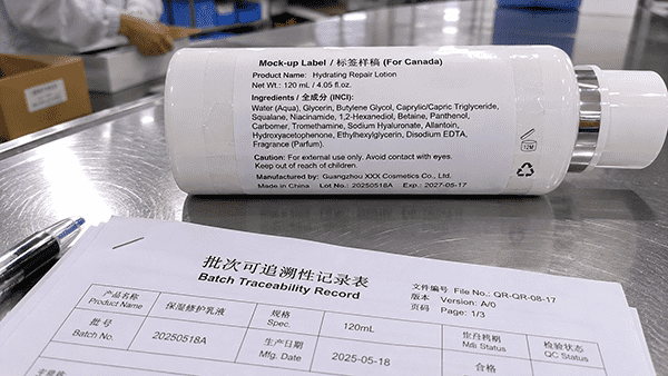 Cosmetic product packaging showing a compliant ingredient label