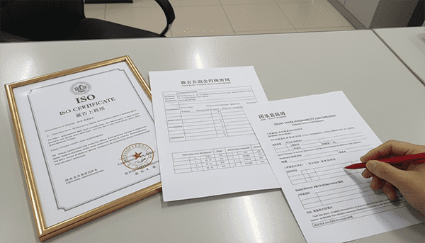 Document and responsibility map before deposit A clean three-column document map showing manufacturer documents, third-party testing, and brand responsibilities before sample approval.