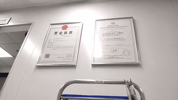Logos for GMP and ISO 22716 certifications displayed prominently.