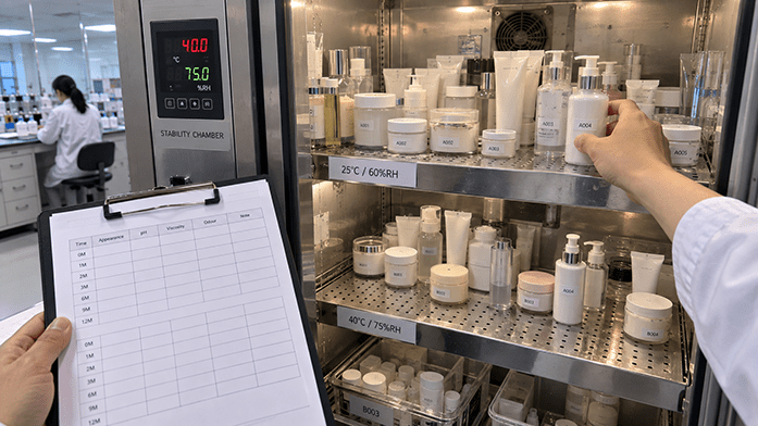 AI-generated illustrative image of cosmetic samples in a stability chamber; not actual Camellia Labs testing