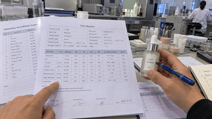 AI-generated illustrative image of a fictional cosmetic product report; not a real client record or Camellia Labs test result