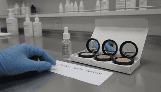 A side-by-side comparison of a simple serum in stock packaging versus a multi-shade foundation in custom packaging, illustrating the different MOQ drivers.