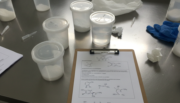 A cosmetic chemist's desk showing a formula sheet, raw material samples, and various packaging options to illustrate the review process.