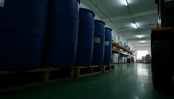 Pallets of raw material drums and bags in a warehouse