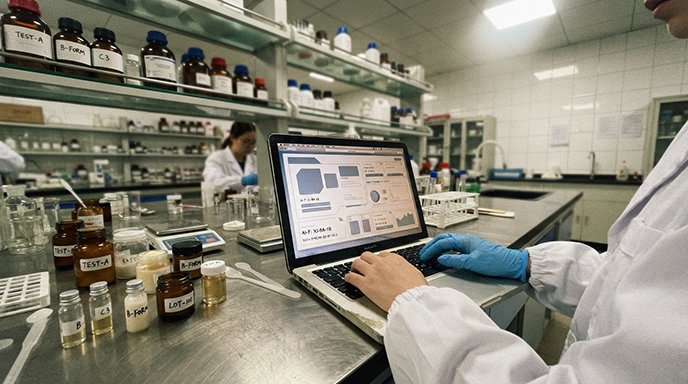 AI cosmetic formulation software being used on a laptop