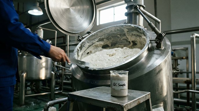 Cosmetic Formulation Scale-Up Challenges A large industrial mixing tank in a cosmetic factory, illustrating the challenges of scaling up production.