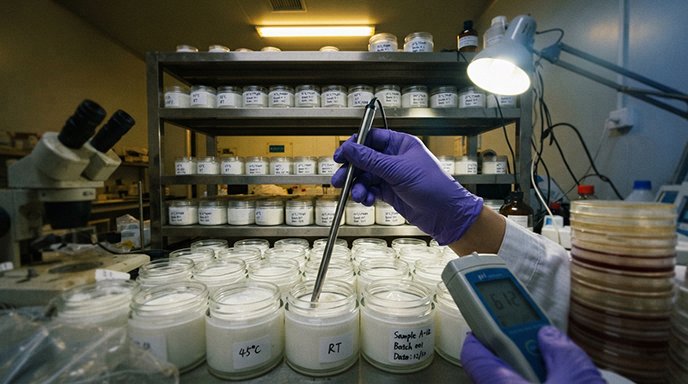 Lab equipment showing beakers and petri dishes for cosmetic testing.