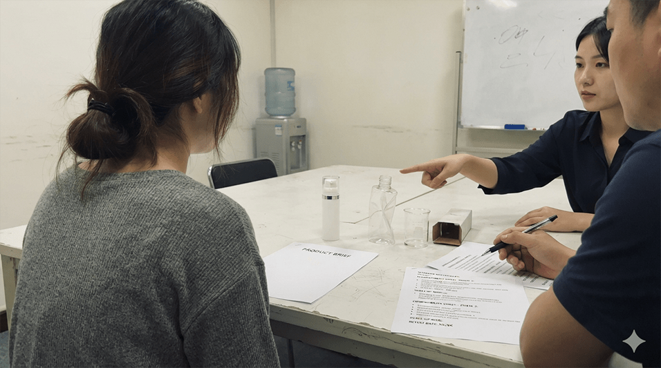 An interview panel asking targeted questions to a candidate for a cosmetic product development job
