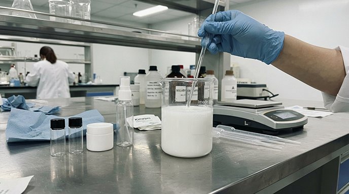 Basic principles of cosmetic formulas demonstrated in a laboratory beaker
