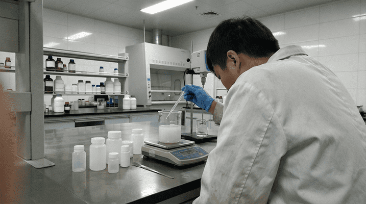 A cosmetic chemist carefully preparing a new formula, illustrating the precision of cosmetic formulation design.