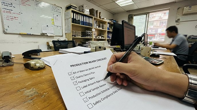 a customs officer examining a cosmetic product's label with a magnifying glass