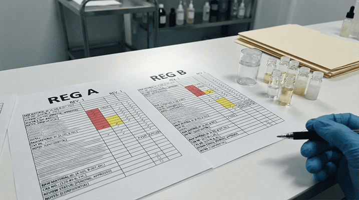 A chart comparing ingredient regulations for the EU and USA, a critical aspect of cosmetic formulation design.