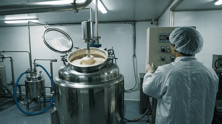 A large industrial mixing tank in a cosmetic factory, showing the challenge of scale-up in cosmetic formulation design.