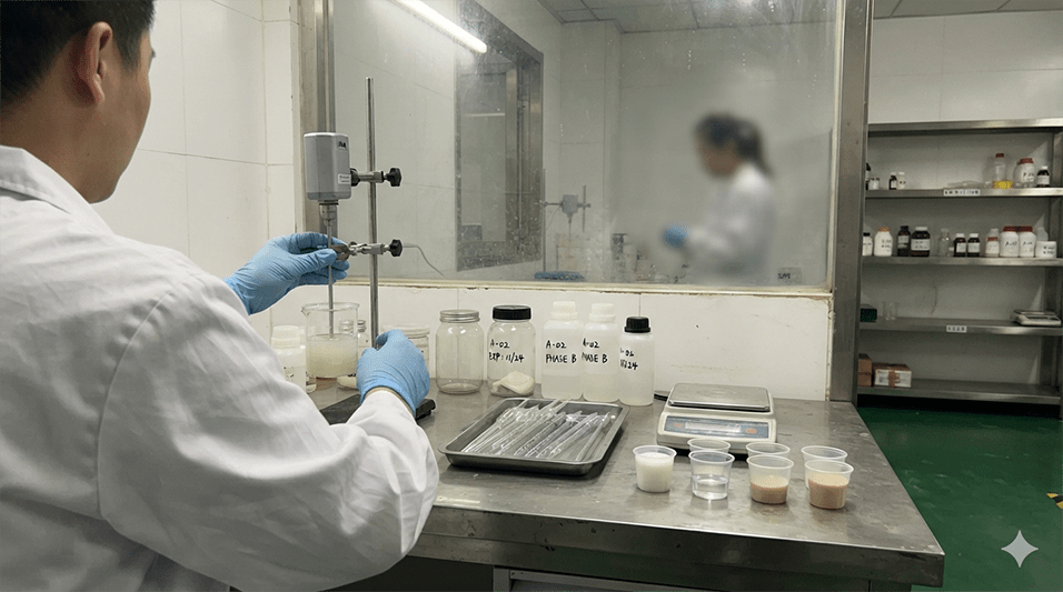 A cosmetic chemist working at a lab bench, representing one specific skillset within product development