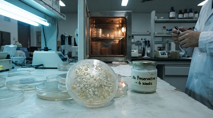 The Importance of Preservation in Cosmetic Formulation A petri dish showing microbial growth, demonstrating the need for preservatives in cosmetics.