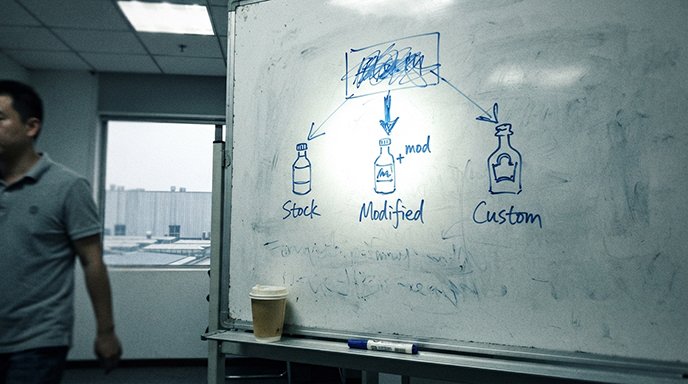 A flowchart showing three paths: Stock, Modified, and Custom Formulations.