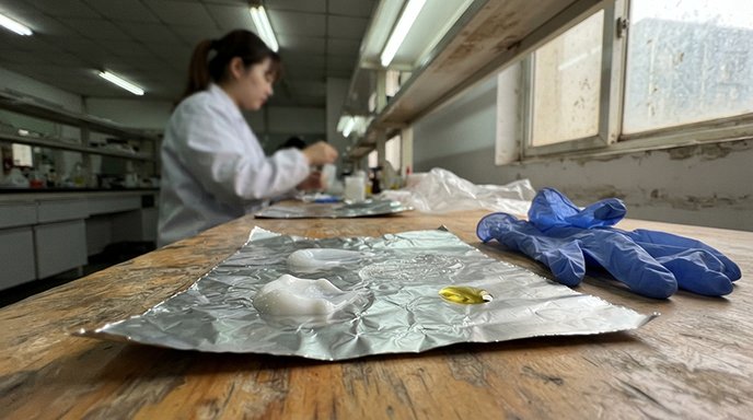 A close-up of different cosmetic textures, creams, and gels being swatched.