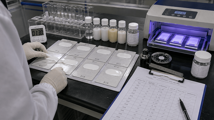 laboratory bench with SPF testing panels and UV exposure equipment, technician applying sunscreen to test substrate