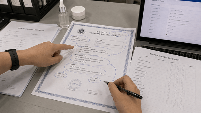 ISO 22716 certificate with key fields circled — certificate number, issuing body, scope, site address, issue and expiry dates — iPhone-angle photo of a document on a desk