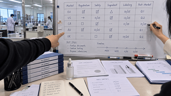 a 5-by-5 compliance matrix sketched on a whiteboard with one action and one due date per cell