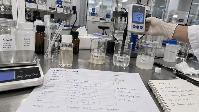 formulation bench with a pH meter, glass beakers and a sample bottle during an active ingredient trial, iPhone-angle snapshot
