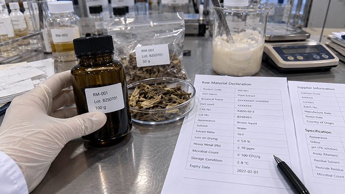 Sample of comfrey root extract beside its printed INCI declaration on a laboratory bench, iPhone-angle snapshot