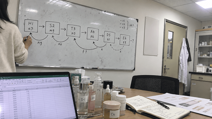 whiteboard sketch of six sequential EU compliance stages from formula freeze to CPNP notification, with arrows marking the points where a stage reopens