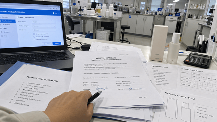 signed written mandate appointing a Responsible Person, on a desk beside a laptop showing an EU cosmetic product notification portal login page, phone-angle snapshot