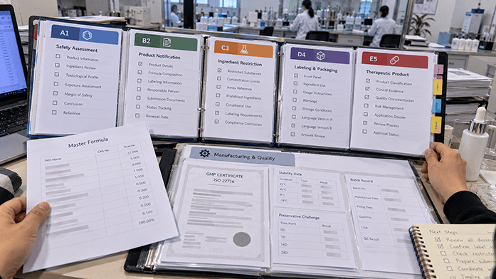 an open compliance file with multi-market dossier dividers, EU / US / Canada / Australia tabs visible
