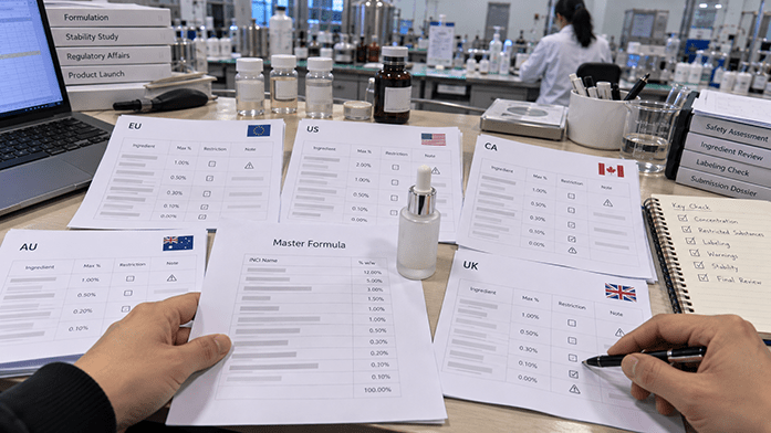 a brand owner reviewing five market-specific ingredient reviews at the same desk