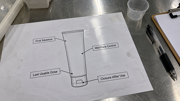 Four dispensing points to watch in a filled tube, from first squeeze to the last usable dose