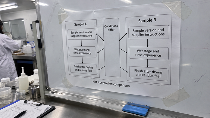 Two-lane record flow comparing samples A and B across wet stage and dried finish