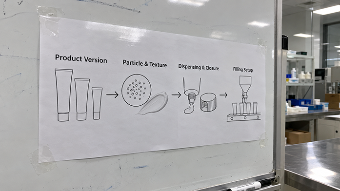 Order of questions when a jarred scrub moves to a tube, from product version to filling setup